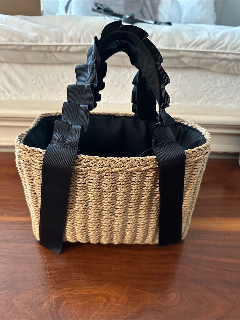 Woven Straw Tote with Black Ribbon Handles